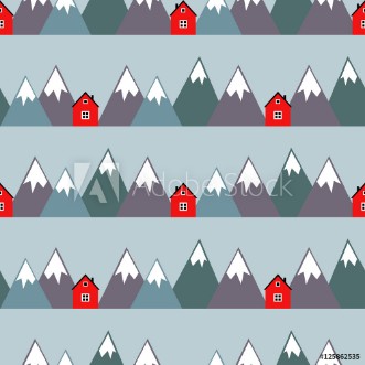 Picture of Nordic landscape with red houses and mountains Seamless pattern with geometric snowy mountains and homes Colorful scandinavian nature illustration Vector mountains background